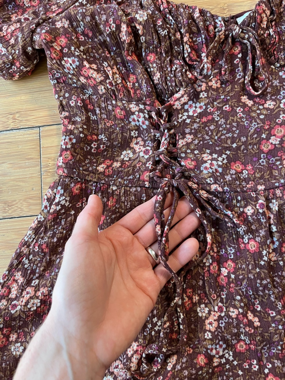 Francesca's Collections Floral Boho Burgundy Romper with Corset Style Ties - Picture 5 of 13